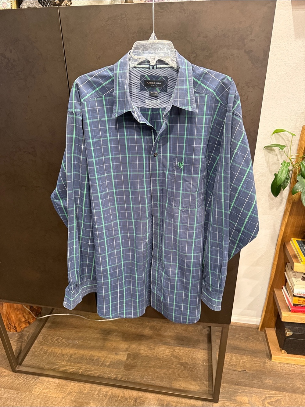 Ariat Men’s Navy and Green Plaid Button-Down Shirt